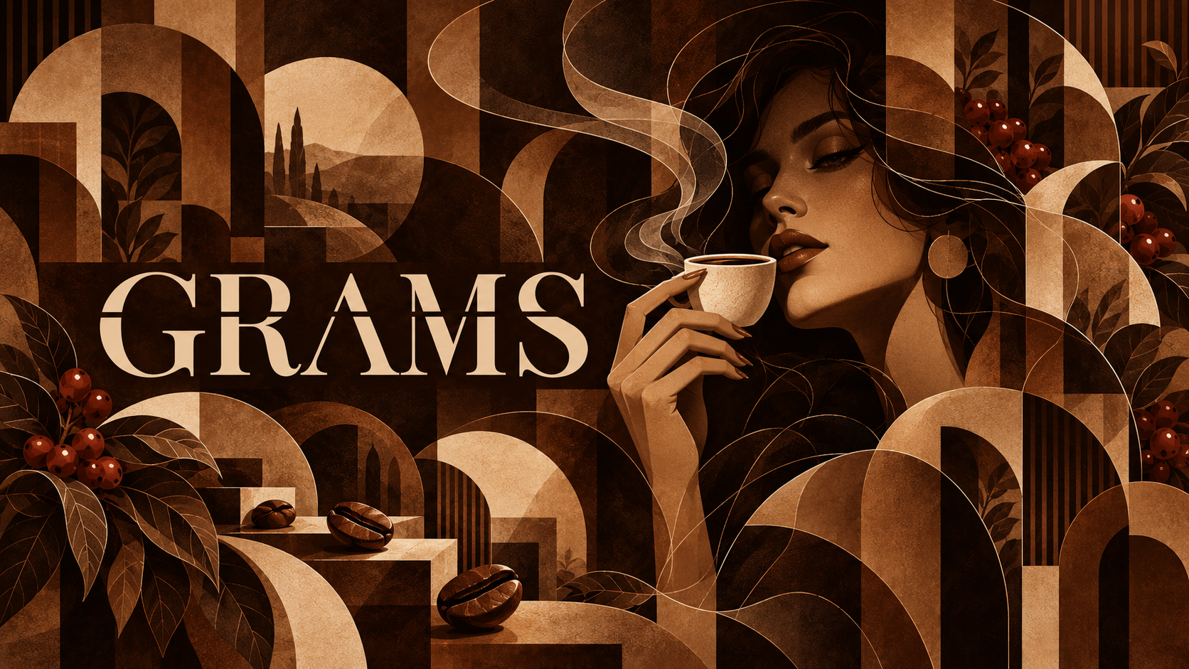 Grams coffee artwork with a woman holding a cup